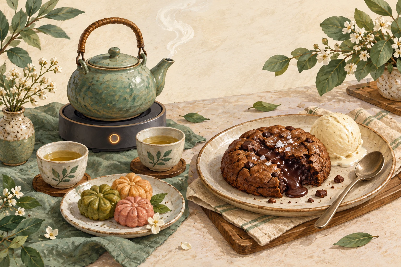 Editorial AI illustration of tabletop tea and a lava cookie with ice cream; not a photograph of either venue / AI茶点示意插画，并非店家实拍