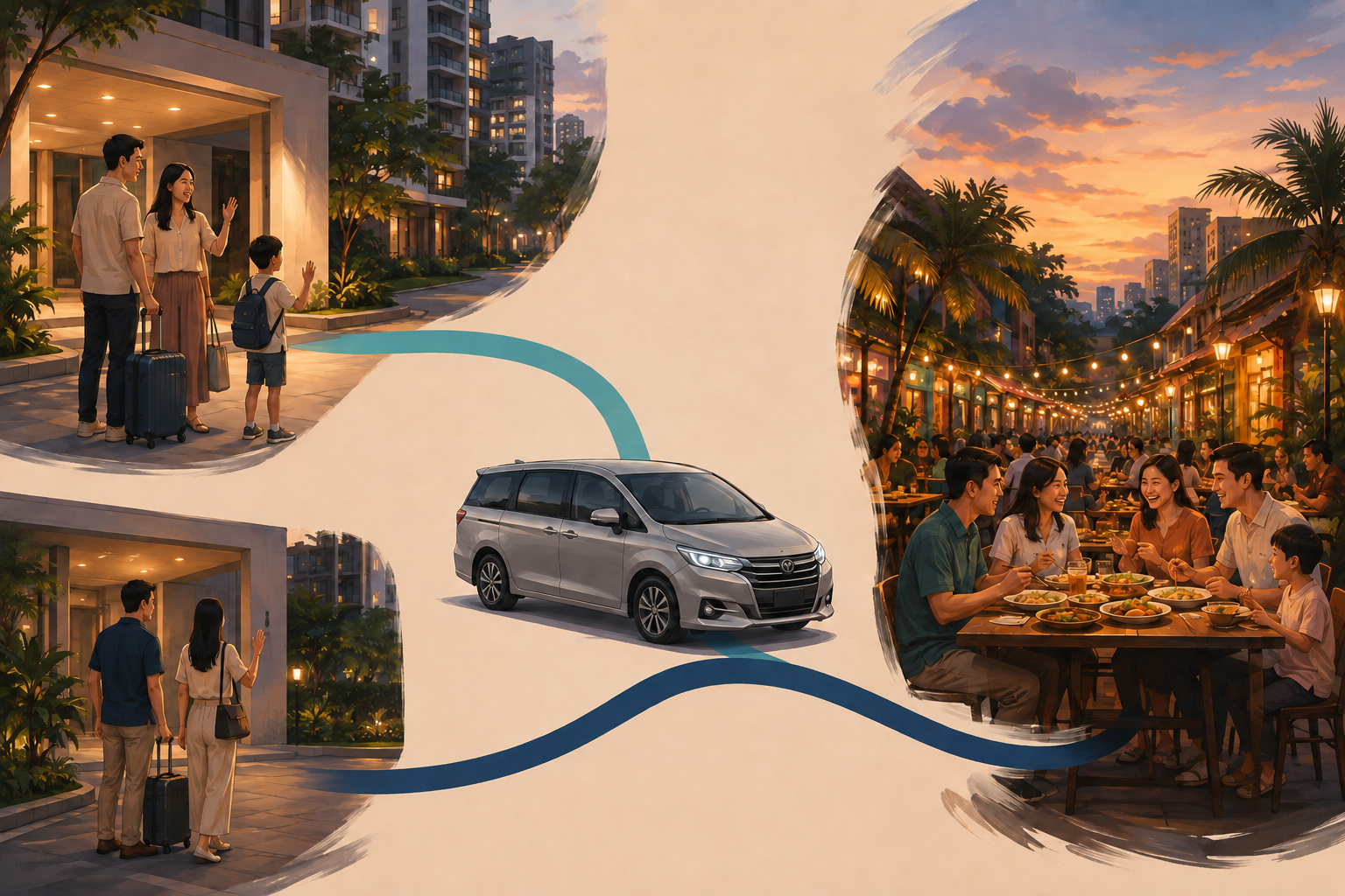 Illustration: two Singapore households planning pickups for a shared JB dinner / 示意图：两家人规划新加坡上车赴新山聚餐